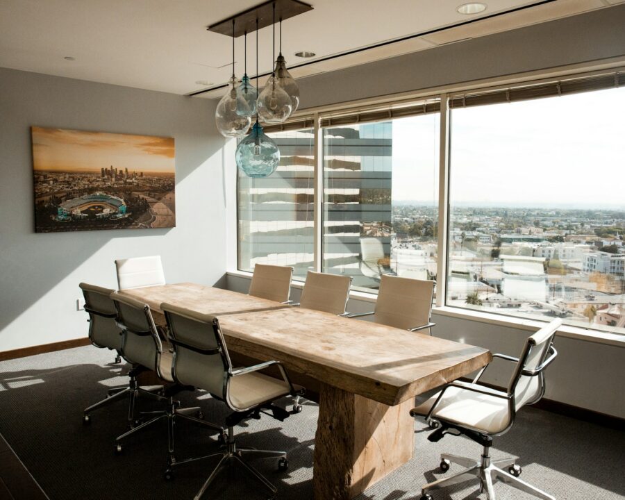 Meeting table facing a window